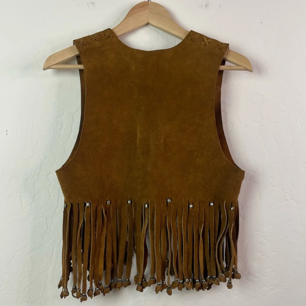 Vintage Suede Handmade Cow Hide Beaded Fringe Tassel Boho Vest / Indian Jacket